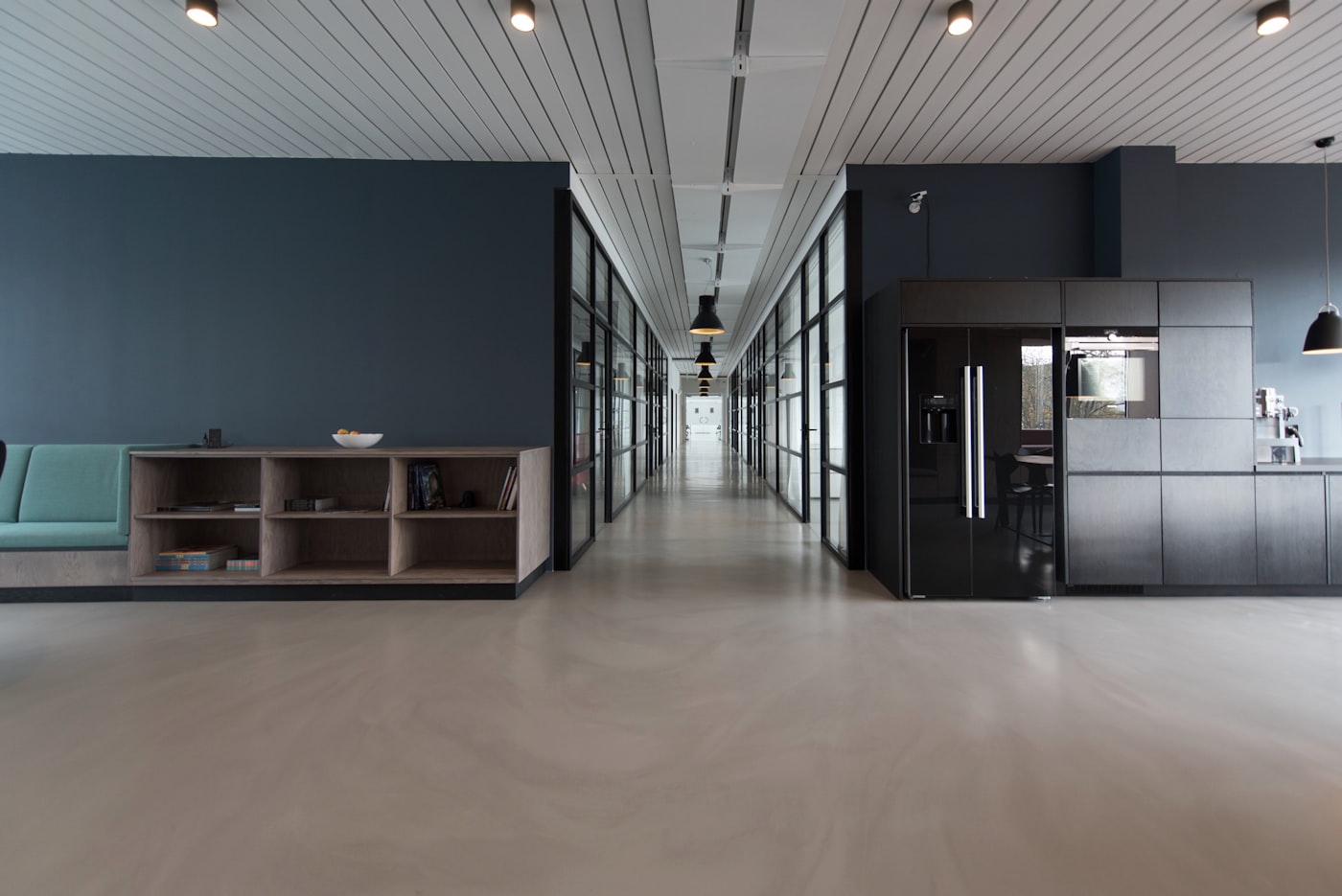 Interior of a modern Chicago law office with floor-to-ceiling windows