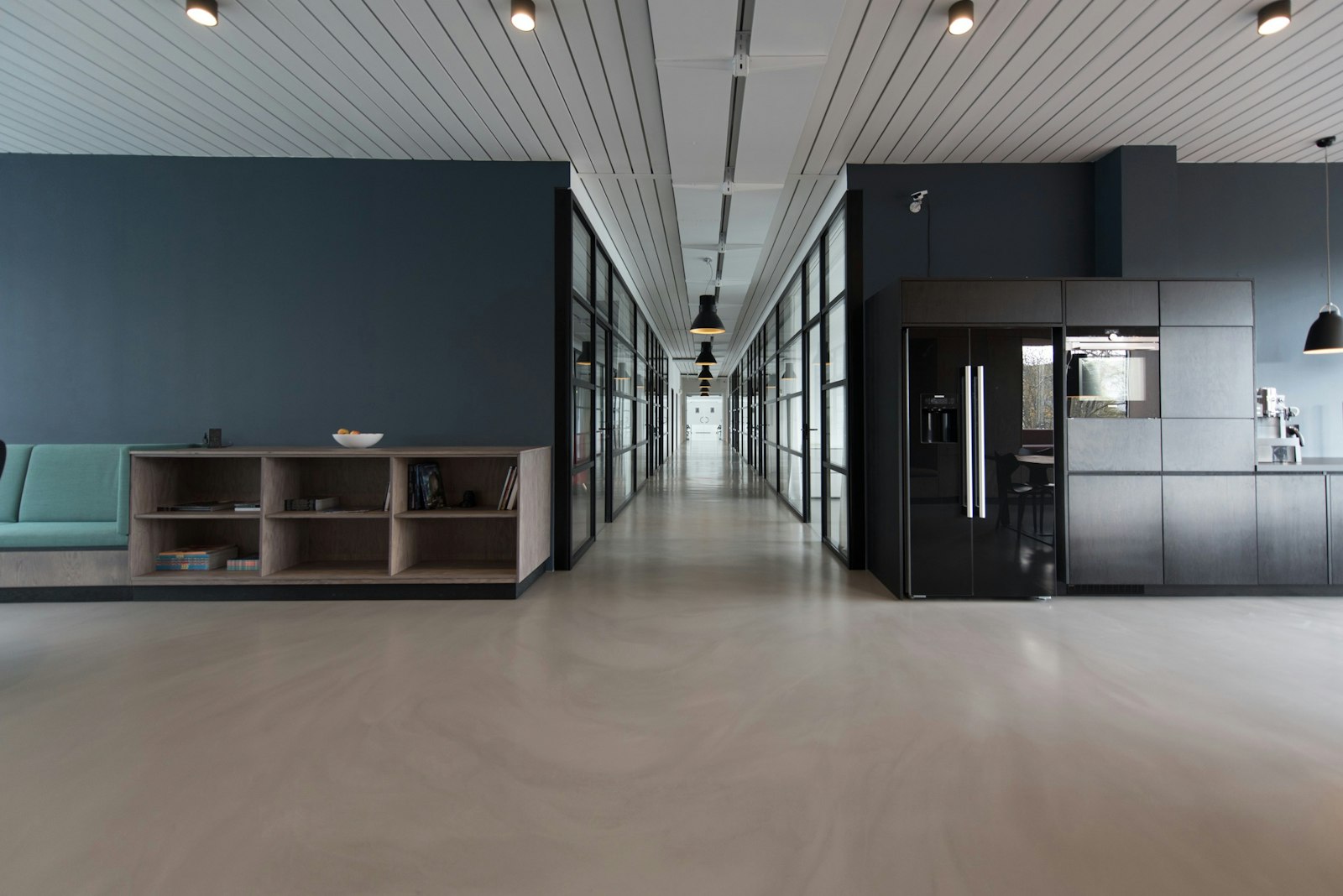 Interior of a modern Chicago law office with floor-to-ceiling windows